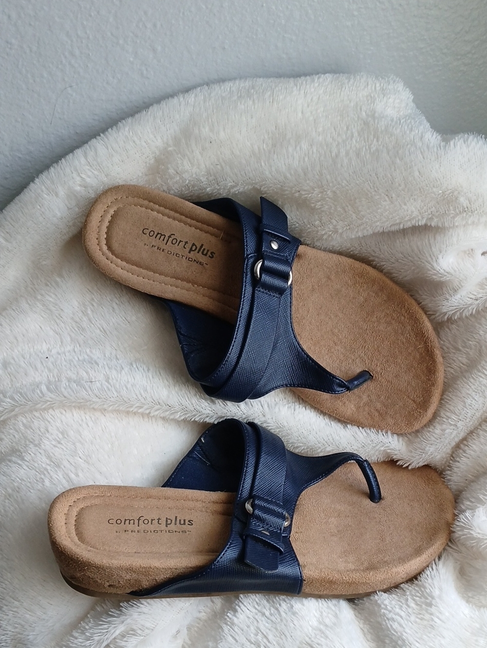 Comfort Plus Navy Toe-Post Sandals with Tan Footbed